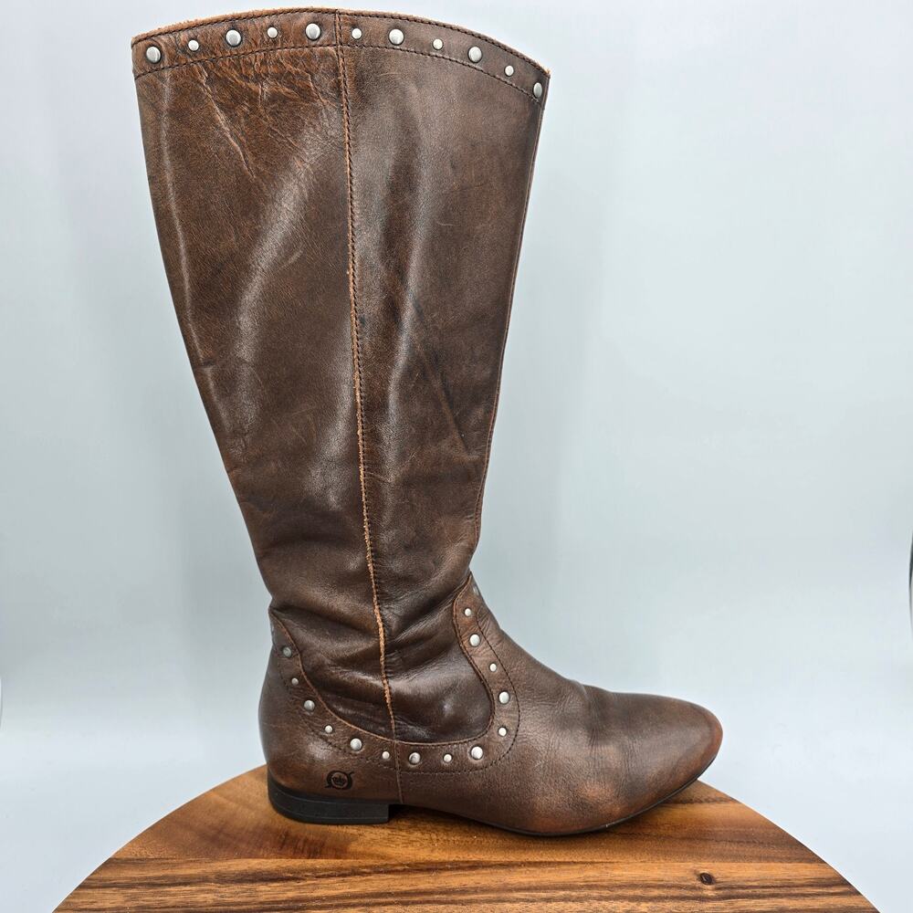 Born Boots Womens 7 M Brown Leather Tall Zip Western Comfort Riding Studded
